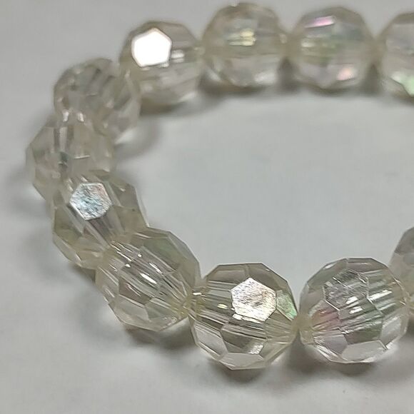 Opaque Clear Iridescent Plastic Beaded Stretch Fashion Bracelet 5.75" Bridal - Picture 8 of 13